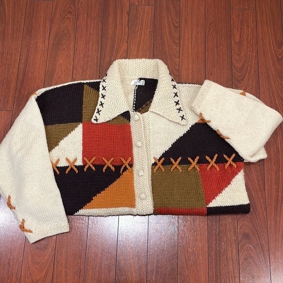 Hand Knit Alpaca Oversize Chunky Patchwork Cardigan ~Frontiers Scotland One Size - Picture 3 of 15